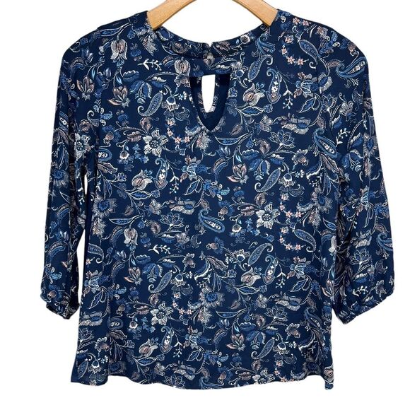 Papermoon Tops - Papermoon Mixed Material Navy Paisley Floral Keyhole Blouse Women’s Medium NWT